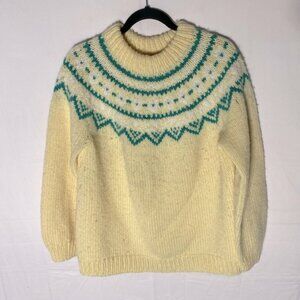 Vintage Handmade Hand Knit Yellow Green Fair Isle Crew Neck Sweater M
